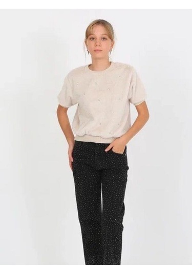 Kız Çocuk Kışlık Peluş Taşlı Yarım Kollu Tasarım Kazak-14821 Krem