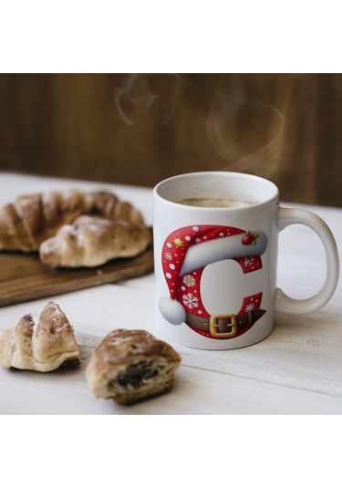 C Harfi Yılbaşı Temalı Bardak 330 Ml Harfli Kişiye Özel Hediye - Yeniyıl / Noel Şapka Tasarım Beyaz