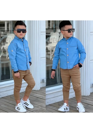 Modavals Hakim Yaka Denım Gömlek & Gabardin Pantolon Erkek Çocuk 2 Li Takım Mavi