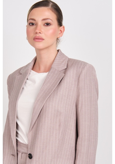 Ayhan Kadın Çizgili Düğmeli Keten Ceket 0860 Kahverengi Kahverengi