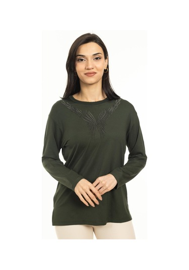 Yeni Sezon Kadın Orta Yaş ve Üzeri Yeni Desen Triko Yaka Likralı Anne Penye Bluz 30520-haki Yeşili