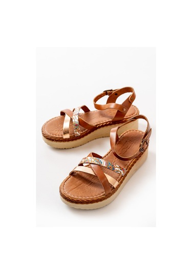 730-015 Taba Garni Ortopedik Hakiki Deri Dolgu Kadın Sandalet Taba