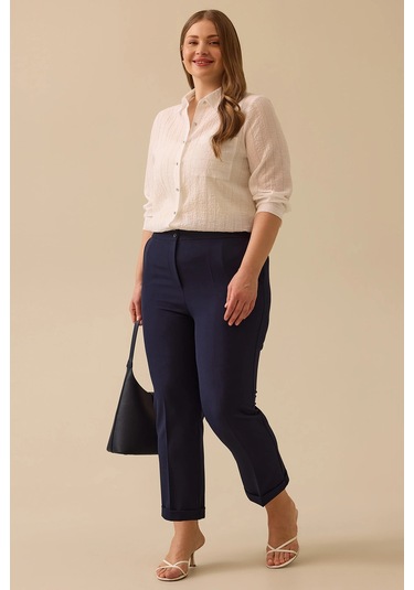 Galaxi Kadın Büyük Beden Beli Büzgülü Duble Paça Pantolon 4027 Lacivert Lacivert