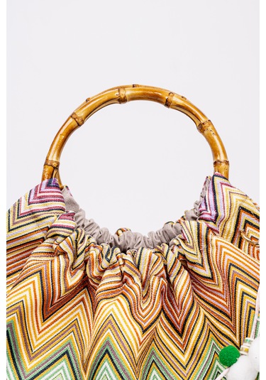 Fabric Craft Bag El Çantası Bambu Saplı Zigzag Desenli Duck Kumaş Çok Renkli