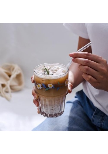 Küçük Papatyalar Baskı Cam Kahve Kupa Yaratıcı Cam Bardak Çay Süt Limon Suyu İçme Kupası Ev Drinkware Latte Kupalar Beyaz A