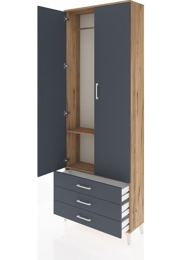 Arges Dolap 2 Raflı 3 Çekmeceli Tek Askılı 88x30x243 Çam-antr... Çam