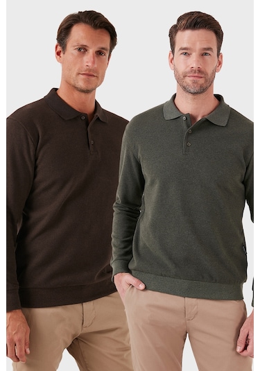 Buratti Pamuk Karışımlı Regular Fit 2'Li Paket Erkek Polo Yaka Kazak 456223S2 Haki-Kahve