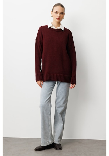 Mizalle Yuvarlak Yaka Oversize Bordo Triko Kazak Bordo