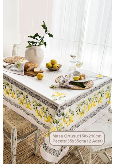 Elart Limonlu Yemek Seti 12 Kişilik Masa Örtüsü Takımı 150x210 Cm Çok Renkli