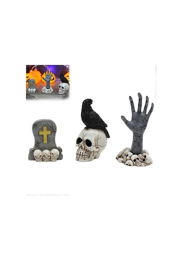3 Minyatür Kafatası Başı Figürleri Seti Karga Mezar Taşı Hayalet El Figürleri Modelleri Patio Çim Bahçe Veranda Dekorasyonu İçin