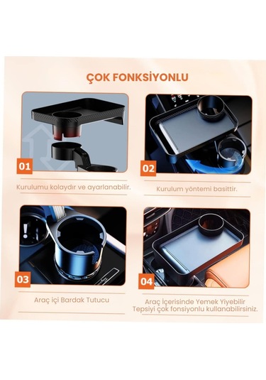 Coofbe 360 Döner Ayarlamalı Araç Bardaklık Araç Masası Araç Organizer Araç Bardaklık Ve Araç Tepsisi Siyah