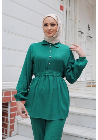 Taş Düğme Detaylı Takım Yeşil Yeşil