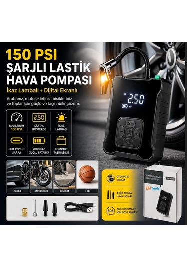 Zhltools Şarjlı Hava Kompreserü İkaz Lambalı Oto Lastik Pompa 150 Psi