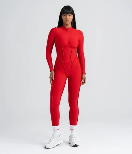 Dikişle Modellenmiş Spor Tayt Tulum Kırmızı