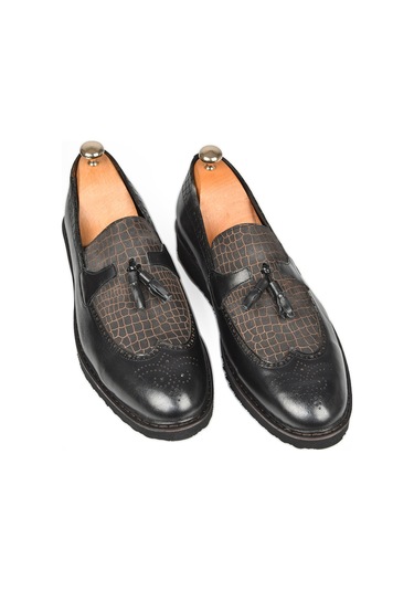 Deepsea Erkek Siyah Deepsea Lazer İşlemeli Püsküllü Yüksek Ortopedik Taban Orjinal Deri Ayakkabı 2509981 Siyah