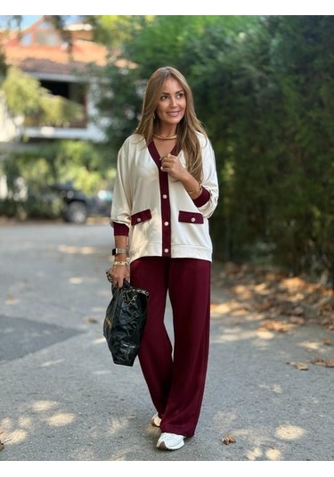 Kadın Uzun Kollu Ribanali Cep Detay Hırka Ve Bol Paça Pantolon Ikili Takım Bordo