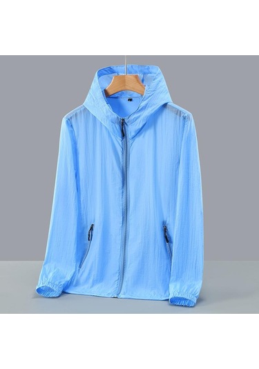Moda Güneş Koruyucu Giysiler Yaz Erkekler İçin Rahat Upf 50 Ince Kapüşonlu Çiftin Artı Boyutu Yaz Ceketler Açık Mavi