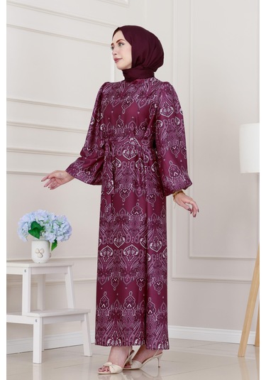 Balon Kol Saten Adel Elbise-mürdüm-5235 Mürdüm