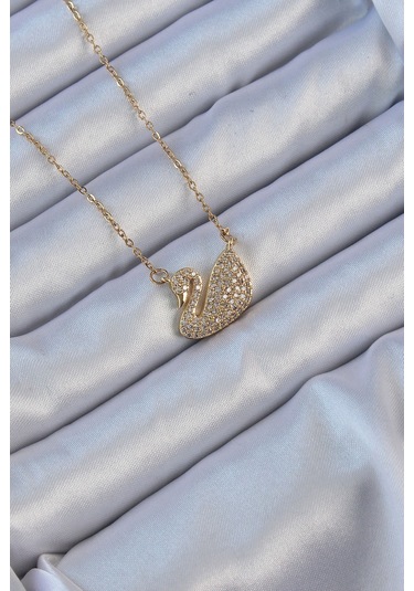 Forwhat Zarif Kadın İçin Golden Çelik Zincir Zirkonlu Kuğu Stil Kolye Metalik