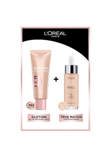 L'Oréal Paris Glotion All-In-One Doğal Işıltı 902 Light Glow 40 ML + True Match Nude Fondöten Serum 0.5-2 Very Light