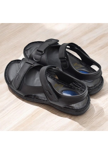 088 Topuk Jelli Tam Ortopedik Taban Hakiki Deri Erkek Sandalet Cırtlı Sandalet Siyah
