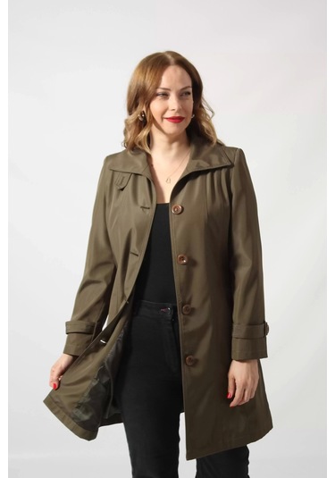 1671 Kolu Düğme Detaylı Uzun Kapişonlu Haki Büyük Beden Kadın Ceket Haki
