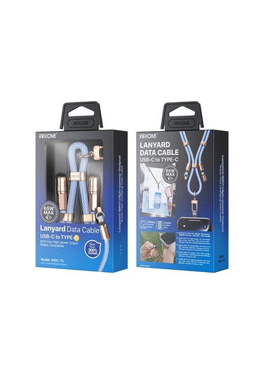 Wk Wdc-70 65w Tip-c Tip-c Telefon Lanyard Veri Kablosu, Uzunluğu: 1.6m Mavi