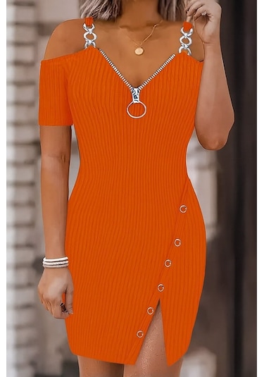 Kadın Askılı Önü Fermuarlı Asimetrik Kesim Detaylı Kalın Fitilli Kaşkorse Elbise Turuncu