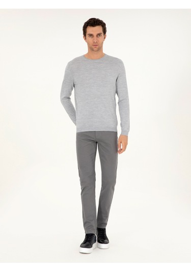 Cacharel Açık Gri Slim Fit Bisiklet Yaka Yün Karışımlı Basic Triko Kazak