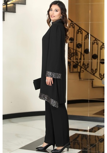 Umay Şifon Tunik Pantolon İkili Tesettür Takım Siyah Siyah
