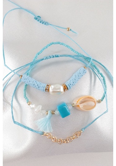 3lü Deniz Kabuğu İncili Boncuklu Püsküllü Asansörlü Lastikli İp Bileklik. Kadın İp Bileklik Halhal Çok Renkli