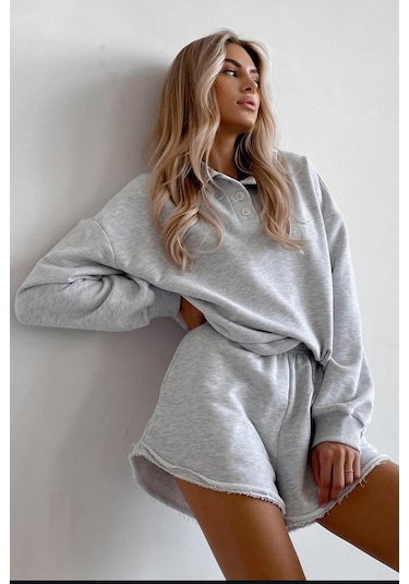 Madmext Gri Polo Yaka Kadın Şort Sweatshirt Takım Mg2375