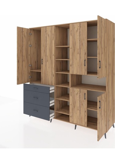 Kronos Dolap 13 Raflı 3 Çekmeceli 6 Kapaklı 220x59x243 Çam-çam/antrasit Atlas Çam/antrasıt