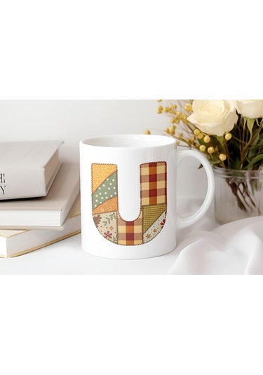 U Harfi Sonbahar Kış Temalı Yamalı Tasarım Kupa Bardak - Etnik Ve Pathwork Severlere Özel Hediye Beyaz