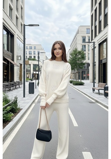 Newco Taş Baskılı Kadın Alt Üst Takım Oversize Kazak Pantolon Set Bej