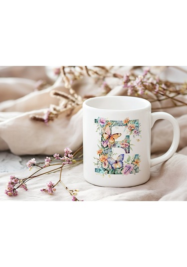 E Harfi Çiçekli Kupa Bardak - Soft Renk Çiçek Ve Kelebek Desenli Zarif Kahve Kupası - Bohem Beyaz