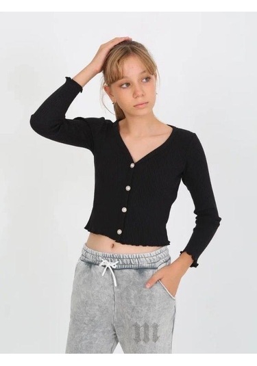 Kız Çocuk Kaşkorse Taşlı Düğmeli Hırka-14807 Siyah