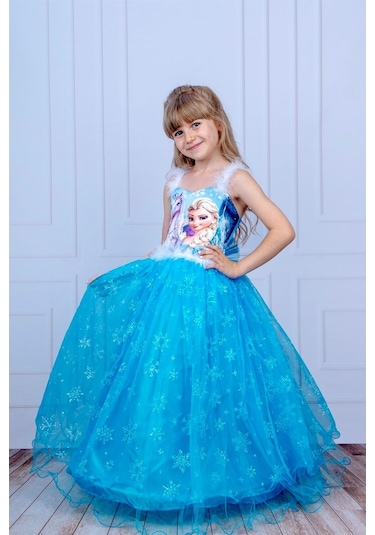 Uzun Elsa Kasnaklı Kız Çocuk Parti Elbisesi