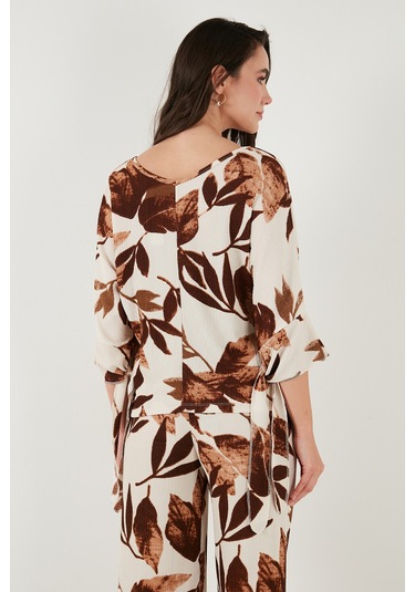 Lela Desenli Regular Fit Truvakar Kol V Yaka Alt-Üst Bayan Takım 5865357 Camel