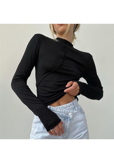 Yarı Yüksek Yaka Alt Gömlek Sonbahar Kadın Modası Eğimli İnce İç Uzun Kollu Kazak Üst Haki