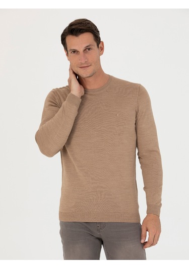 Cacharel Camel Slim Fit Bisiklet Yaka Triko Kazak Kahverengi