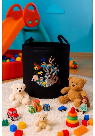 Keçe Oyuncak Sepeti Çizgi Film Desenli, Katlanabilir Kulplu, Çocuk Odası Düzenleyici 38x39 Siyah