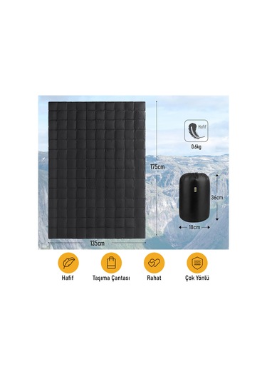 Haegs Kamp Battaniyesi - Dış Mekan Hafif Kompakt Seyahat Yorganı Kamp Yürüyüş Outdoor Şal, Battaniye 175-135 Cm Siyah