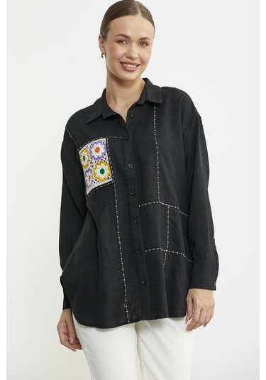 Renkli Dantel Detaylı Tunik Gömlek - Siyah Siyah