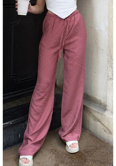 Pembe Keten Karışımlı Bol Kesim Pantolon Gül Kurusu