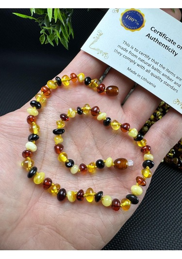 Kehribar Bebek Diş Çıkarma Kolyesi Altın