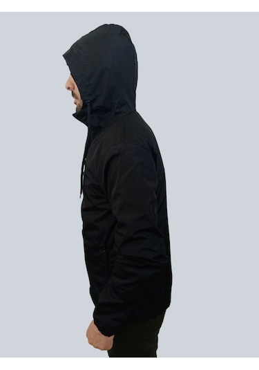 Erkek Kapüşonlu File Detaylı Siyah Yağmurluk Siyah