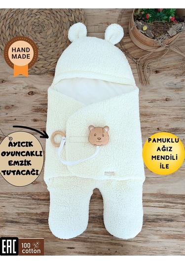 Bebek Dış Kundak Battaniyesi Pelüş Ayaklı Welsoft Uyku Tulumu Kışlık Mont Yenidoğan 0-12 Ay Ecru Ekru