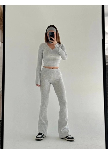V Yaka Uzun Kollu Bluz İspanyol Paçalı Tayt İkili Takım - Gri Gri