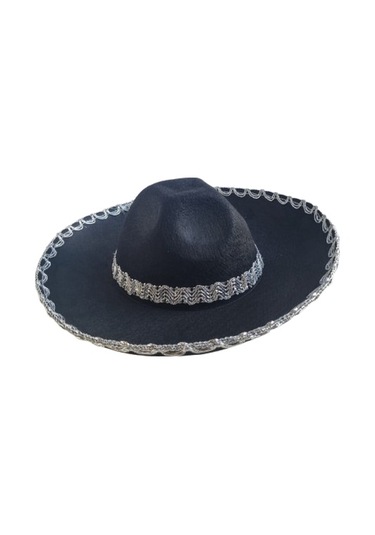 Meksika Mariachi Latin Şapkası Lüks 41cm Siyah Zemin Üstüne Gümüş Sim Kenarlıklı Parti Kostümü